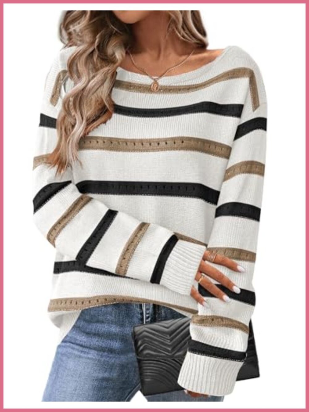 Zeagoo Womens Crochet Off Shoulder Sweater Loose Fit Boat Neck Long Sleeve